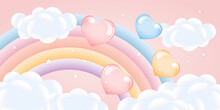 Rainbow With Clouds And Balloons On The Starry Sky, Children's Design In Pastel Colors. Background, 3d Baby Shower, Illustration, Vector.