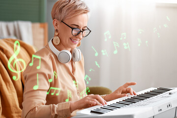 Mature female musician playing synthesizer at home