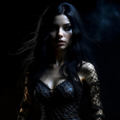 the image of a young beautiful black-haired girl in a witch costume.