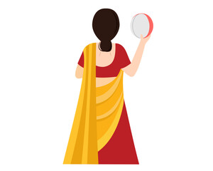 Indian woman performing Hindu married festival ritual of Karwa Chauth vector illustration.