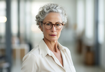 Wall Mural - A cheerful woman in a crisp white shirt and glasses radiates confidence as she showcases her impeccable style and dedication to vision care indoors