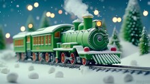 Snowy Toy Train On A Festive Green Background - Perfect For New Year's Greetings And Christmas Cards!