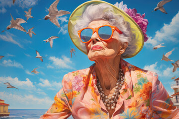 An elderly woman in a vibrant beach painting dons a hat and sunglasses, her face hidden but her presence felt in the expansive sky and playful birds above