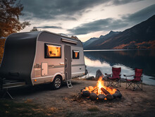 Camper Or Recreational Vehicle Parked On The Shore Of A Beautiful Mountain Lake. Outdoor Camping And Family Travel Concept.