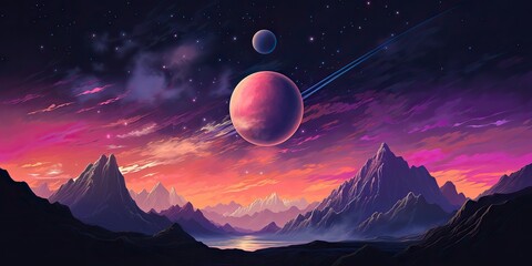Wall Mural - ai generated. ai generative. pink purple abstract galaxy space planet landscape background with moun