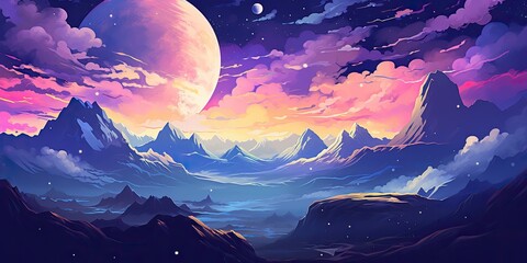 Wall Mural - ai generated. ai generative. pink purple abstract galaxy space planet landscape background with moun
