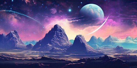 Wall Mural - ai generated. ai generative. pink purple abstract galaxy space planet landscape background with moun
