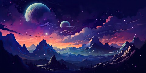 Wall Mural - ai generated. ai generative. pink purple abstract galaxy space planet landscape background with moun