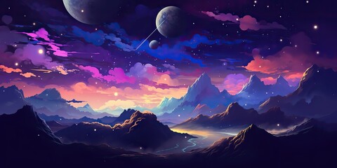 Wall Mural - ai generated. ai generative. pink purple abstract galaxy space planet landscape background with moun