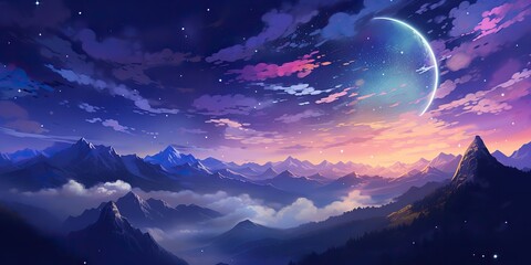 Wall Mural - ai generated. ai generative. pink purple abstract galaxy space planet landscape background with moun
