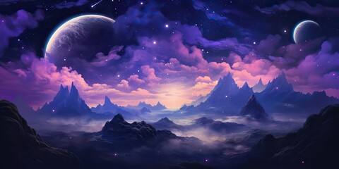 Wall Mural - ai generated. ai generative. pink purple abstract galaxy space planet landscape background with moun