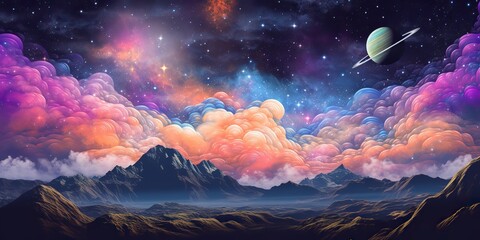 Wall Mural - ai generated. ai generative. pink purple abstract galaxy space planet landscape background with moun