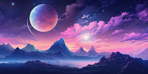 Wall Mural - ai generated. ai generative. pink purple abstract galaxy space planet landscape background with moun