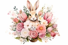 Watercolor Peter Bunny Bouquet Pink Flowers. Generative AI