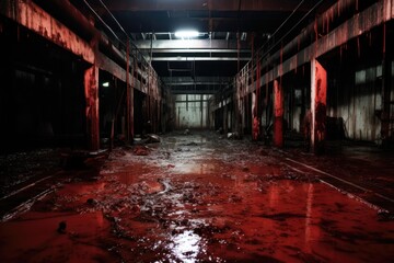 Fototapeta pool of blood. concrete abandoned horror warehouse. butchery slaughterhouse. pouring blood. serial killer. torture hostage hiding place. guts and viscera. slaughter. halloween concept art. 