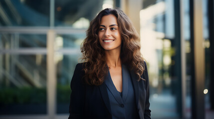 Cheerful businesswoman standing outside an elegant office building. Generative AI