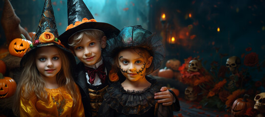 Wall Mural - Celebrate the holiday. Happy Halloween! Happy cheerful kids in carnival costumes celebrate Halloween at party. Trick or treat. Little witches, skull surrounded by pumpkins on dark background. 