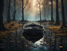 Boat On The River In Autumn, Ai Generated