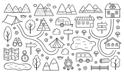 kids camping map doodle. village map with mountains, forest, roads, house, river, landscape in sketc