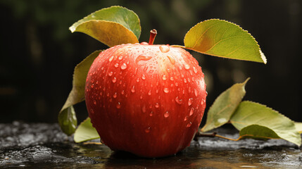 Wall Mural - Red apple with green leaves and water drops on wet table in garden