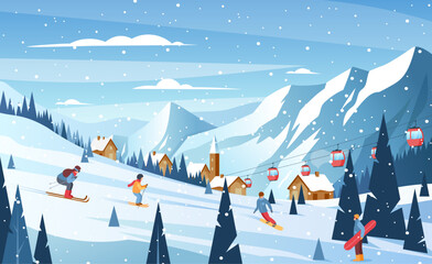 Wall Mural - Winter mountain landscape.Vector illustration of ski resort with snowy hill, funicular, ski lift, skier, snowboard riders, field, forest.Outdoor holiday activity in Alps. Skiing and snowboarding sport