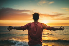 Person With Arms Outstretched, Has Achieved Its Goals, Beach Sunset Background