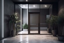 Modern Glass Entrance Door With Side Lighting And Dark Interior Wall Section. Generative AI