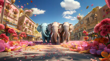 Three Large Elephants Are Walking Along A Street Decorated With Flowers. Circus Poster, Poster, Print. Sunny Day, Circus Performance In The City. Colorful Bright Illustration