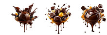 Liquid chocolate and bonbons explode, splashing in the air. Image isolated on transparent background AI Generative