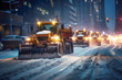 The snowplow truck's powerful equipment at work, efficiently cleaning the road after a heavy snowfall, ensuring safe travel during winter weather.