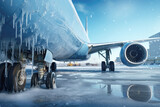 Fototapeta  - A commercial jet aircraft on a frosty winter day, with its turbines and wings covered in ice as it prepares for takeoff.