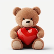 Cute teddy bear holding red love heart in white background 