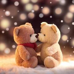 Wall Mural - Two brown teddy bears lovers sitting next to each others, Teddy bears in love background 