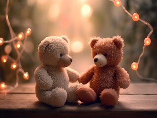 Wall Mural - Two brown teddy bears lovers sitting next to each others, Teddy bears in love background 