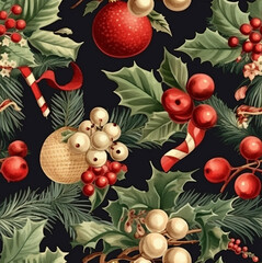 Wall Mural - The illustration is adorned with a charming array of classic Christmas motifs, including holly, ornaments, and snowflakes, evoking the festive spirit and joy of the holiday season