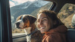 A happy young woman with a dog goes on a trip in a car