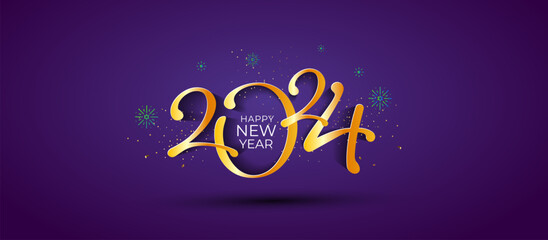 Wall Mural - 2024 Happy New Year poster design. Golden, trendy stylish 3d typography and fireworks background.