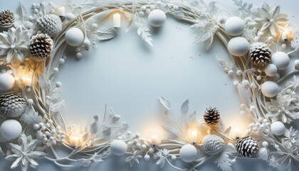 Wall Mural - Winter beautiful frame adorned with pinecones,winter berries, eucalyptus leaves, and delicate snowflakes