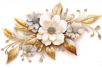 Wall Mural - white and gold flowers with gold leaves on white background