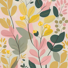 Wall Mural - Yellow, orange, green and pink watercolor flowers with stems and leaves. Watercolor art background.