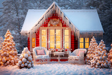 A Red House In Winter With Christmas Decorations. Selective Focus