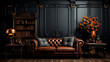 luxury interior with armchair, sofa, book, lamp, book on wooden wall
