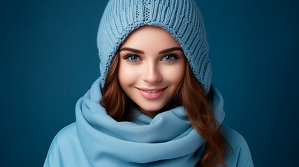 Poster - young beautiful woman in knitted scarf and scarf.