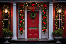 Classic Front Door With Christmas Decorations And Garland. Selective Focus