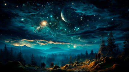 Wall Mural - night forest with moon, stars and trees
