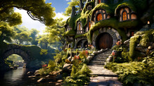 Halloween Castle With A Pond In The Fantasy Forest. A Fairy Tale Forest Wooden House Covered With Moss, On A Sunny Forest Glade. Generative AI Technology.