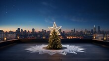 Rooftop Garden With A Panoramic View Featuring A Giant Christmas Star Against The Night Sky.