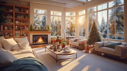 Sun-drenched living room with panoramic windows showcasing outdoor holiday lights and decorations.