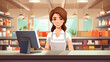 © Argun Stock Photos - Portrait of smiling female cashier at counter in coffee shop. Cartoon vector illustration
