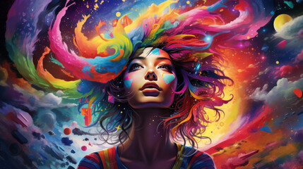 Wall Mural - Colorful portrait art of girl in rainbow universe, generated with ai